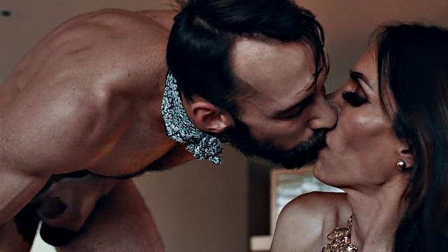 Trans milf sucking bf in bathroom while showing off tits