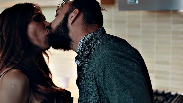 Trans milf sucking bf in bathroom while showing off tits