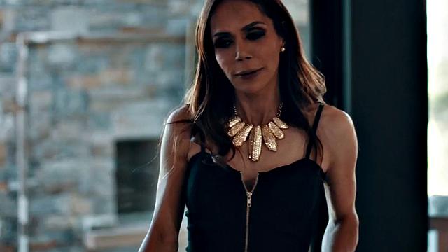 Trans milf sucking bf in bathroom while showing off tits