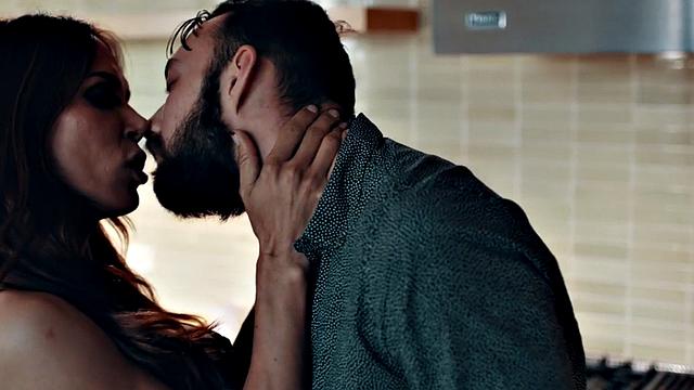 Trans milf sucking bf in bathroom while showing off tits