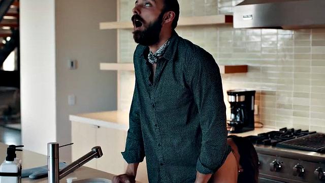 Trans milf sucking bf in bathroom while showing off tits