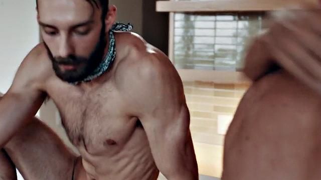 Trans milf sucking bf in bathroom while showing off tits