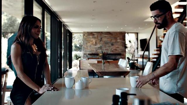 Trans milf sucking bf in bathroom while showing off tits