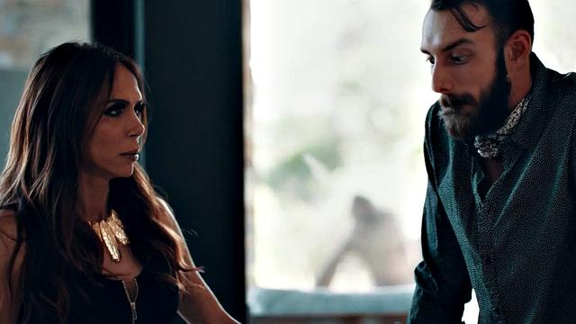 Trans milf sucking bf in bathroom while showing off tits