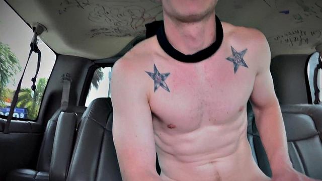 Straight blindfolded stud goes wild in van with greedy bottom