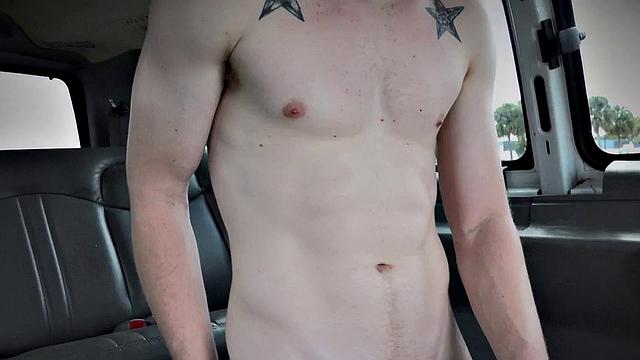 Straight blindfolded stud goes wild in van with greedy bottom