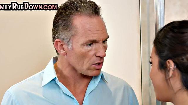 Teasing oiled stepdaughter riding and sucking stepdad's cock