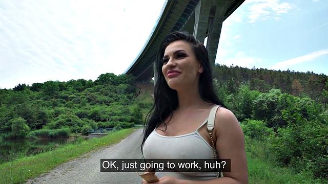 Stunning public babe in POV under bridge