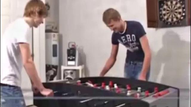 Boyfriends Michael Pearce and Tyler Waters take a break from their game of foosball, and start making out. They strip down to their boxer briefs and suck each other. Tyler rides Michael's huge dick.