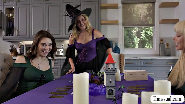 Hiding under the table and getting fucked by two TS