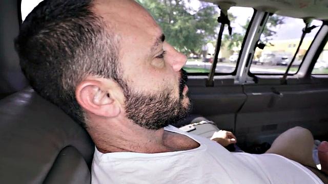 Picked up guy fucks stud in public van outdoor till facial