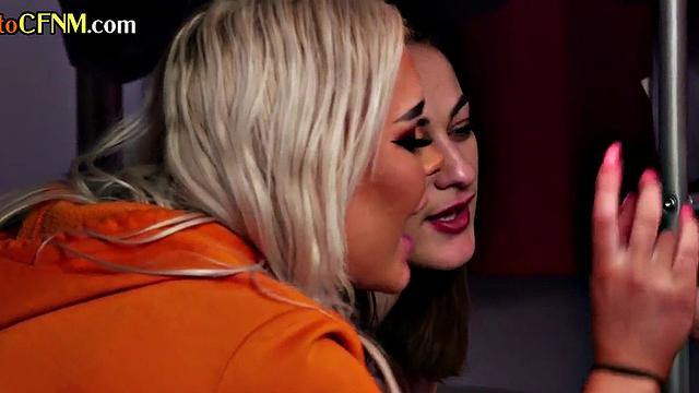 CFNM babes suck cock in dormitory threesome till cumshot