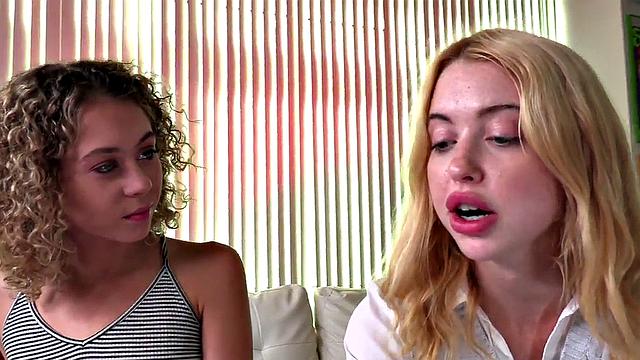 Две юные шлюшки дрочат член, а третья заводит грязными словами