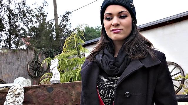 Classy chick gets naughty in the great outdoors with a thong and bra on