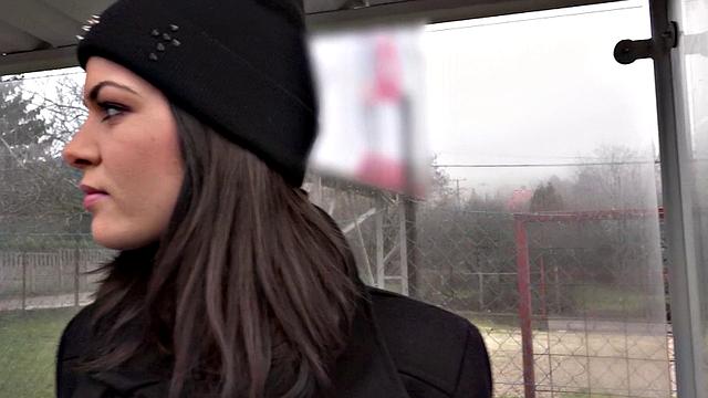 Classy chick gets naughty in the great outdoors with a thong and bra on