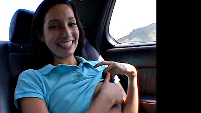 Chloe showing her natural tits and fingering pussy in the car