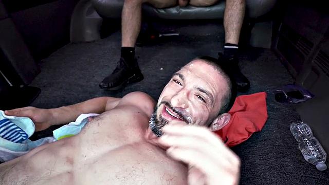 Str8 muscled daddy rides cock in public outdoor van