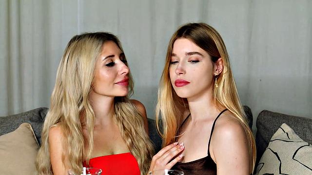 Petite blondie lesbos Tory Sweet and Freya Mayer share a dual dildo for the hottest XXX porn love!