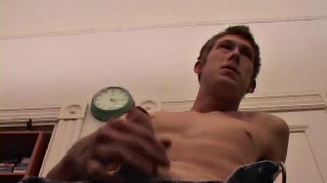 Horny Brent Stenson decides the kitchen table is a good place to pump out a load. He pulls out his hardening cock, and after a serious stroke session, blows a nut onto the table and his skateboard.