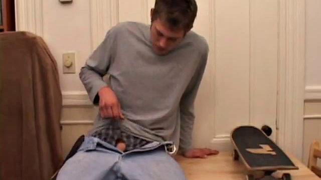 Horny Brent Stenson decides the kitchen table is a good place to pump out a load. He pulls out his hardening cock, and after a serious stroke session, blows a nut onto the table and his skateboard.