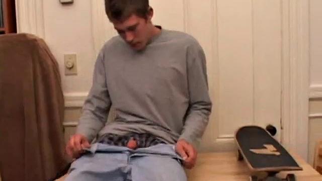 Horny Brent Stenson decides the kitchen table is a good place to pump out a load. He pulls out his hardening cock, and after a serious stroke session, blows a nut onto the table and his skateboard.