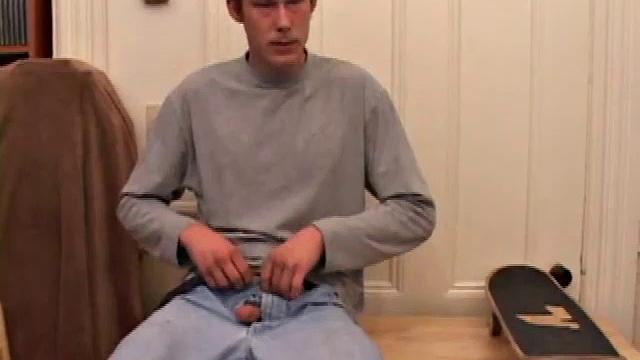 Horny Brent Stenson decides the kitchen table is a good place to pump out a load. He pulls out his hardening cock, and after a serious stroke session, blows a nut onto the table and his skateboard.