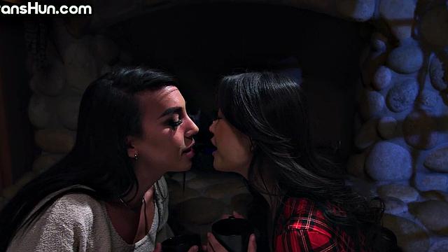 Romantic TS hunny fucks petite Asian babe by fireplace