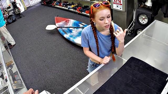 Sexy redhead bitch sucks big white dick at pawnshop