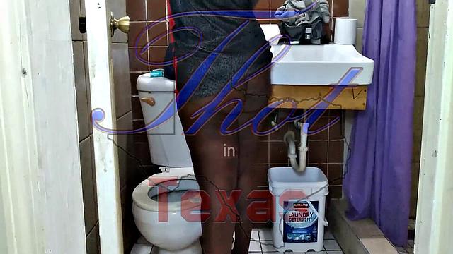 Watch this American MILF with black hair get down and dirty in the toilet