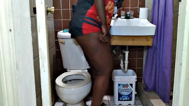 Watch this American MILF with black hair get down and dirty in the toilet