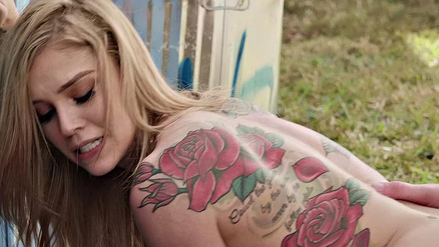 Blonde hottie with pierced pussy goes wild in denim jeans and gives a handjob in reverse cowgirl position