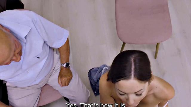 VIP4K. Old man watches his sexy wife on the loaner's desk