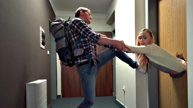 Petite 21yo hostel babe in 3some