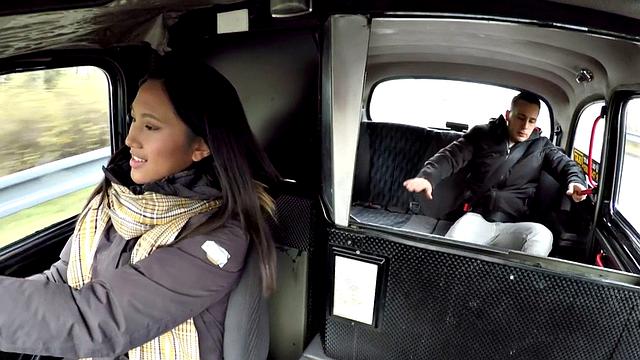 Smallboob Asian taxi driver gets pussy stuffed on backseat