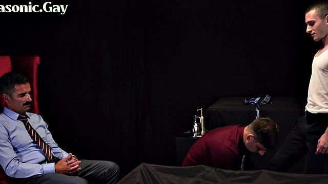 Suited dominant DILFS fuck twink in bareback 3some