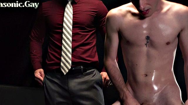 Suited dominant DILFS fuck twink in bareback 3some