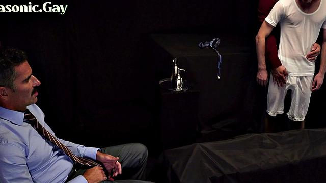 Suited dominant DILFS fuck twink in bareback 3some