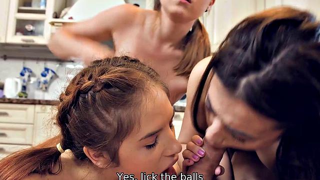 DEBT4k. Three adorable girls lured into foursome with collector