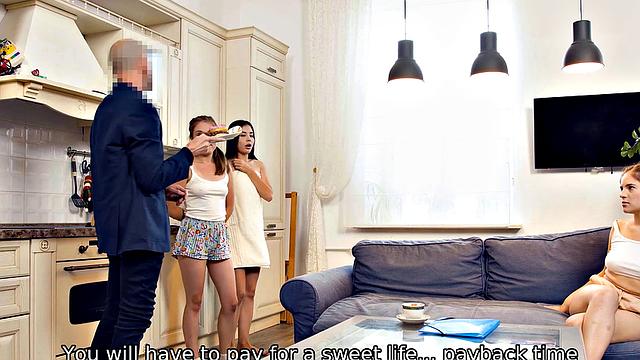 DEBT4k. Three adorable girls lured into foursome with collector