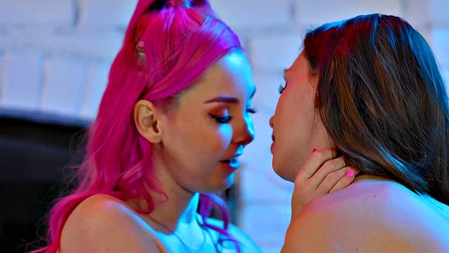 Seductive lesbian petite MILF facesitted by bae by fireplace