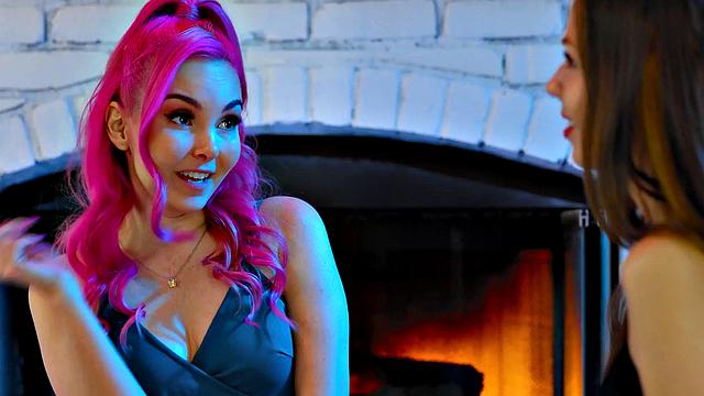 Seductive lesbian petite MILF facesitted by bae by fireplace