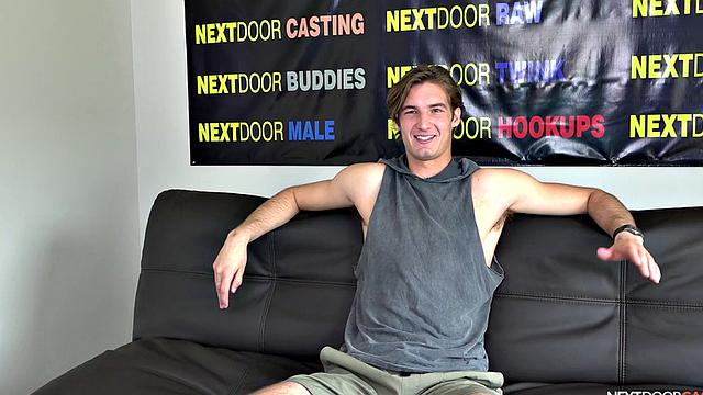Sexy solo stud with blond hair jerks on casting