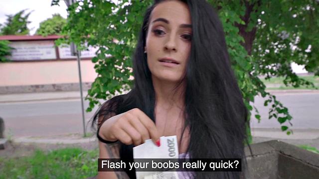 Euro beauty pulled into blowing big dick and outdoor sex