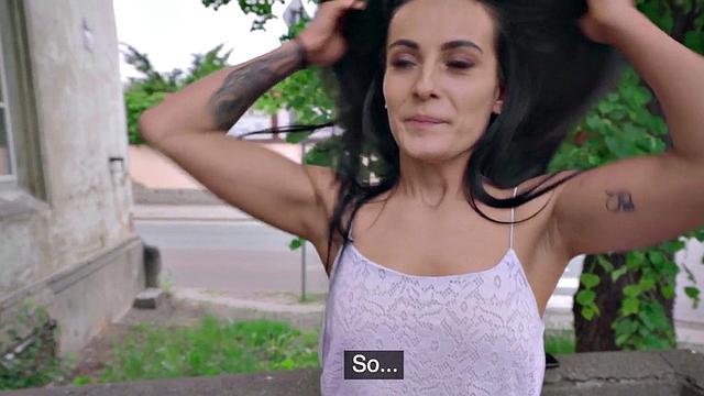 Euro beauty pulled into blowing big dick and outdoor sex