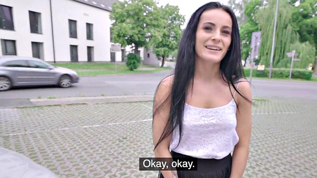 Euro beauty pulled into blowing big dick and outdoor sex