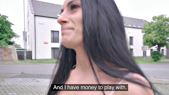 Euro beauty pulled into blowing big dick and outdoor sex