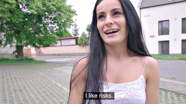 Euro beauty pulled into blowing big dick and outdoor sex