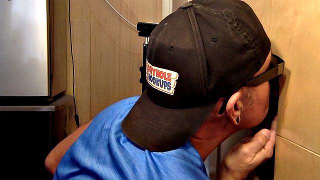 Gray gaydaddy giving head and tug to gloryhole top