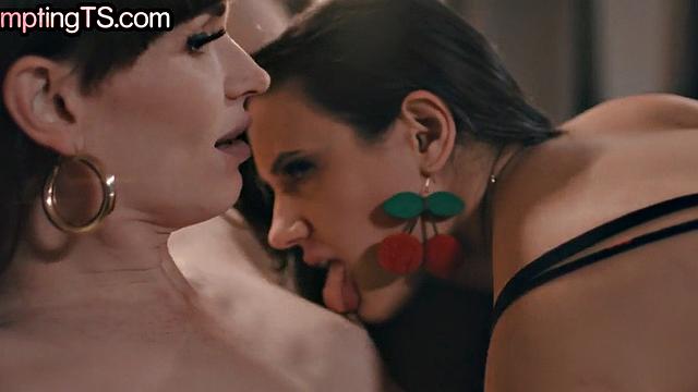 Trans hunny with small tits fucks MILF in foot fetish sex