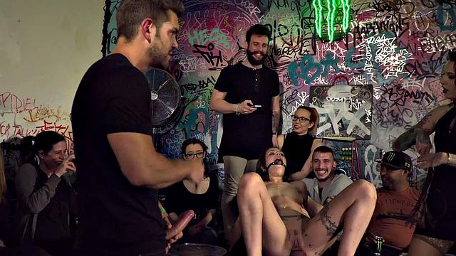 Corwed slut gagged & dominated in public bar for wild doggy-style action